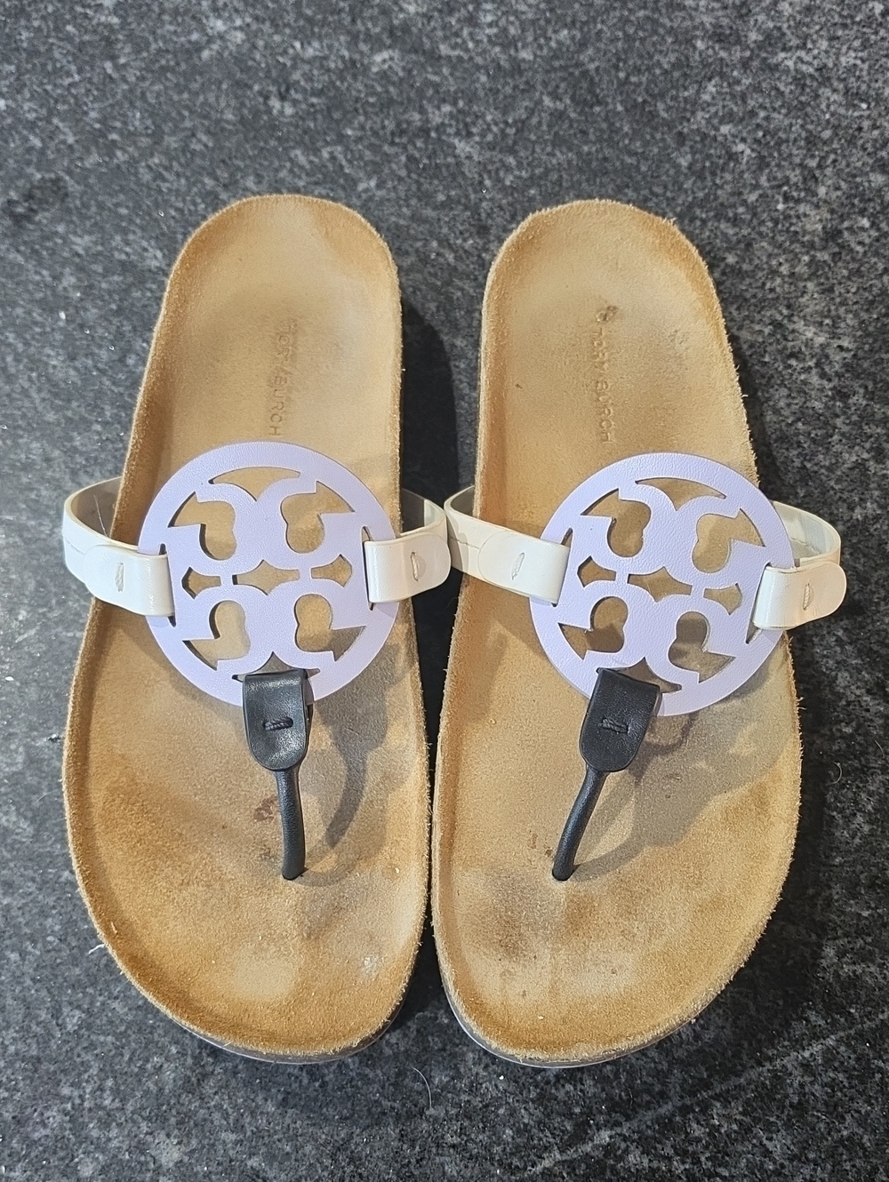 Tory Burch Cream Thong Sandals with Lavender Logo Medallions